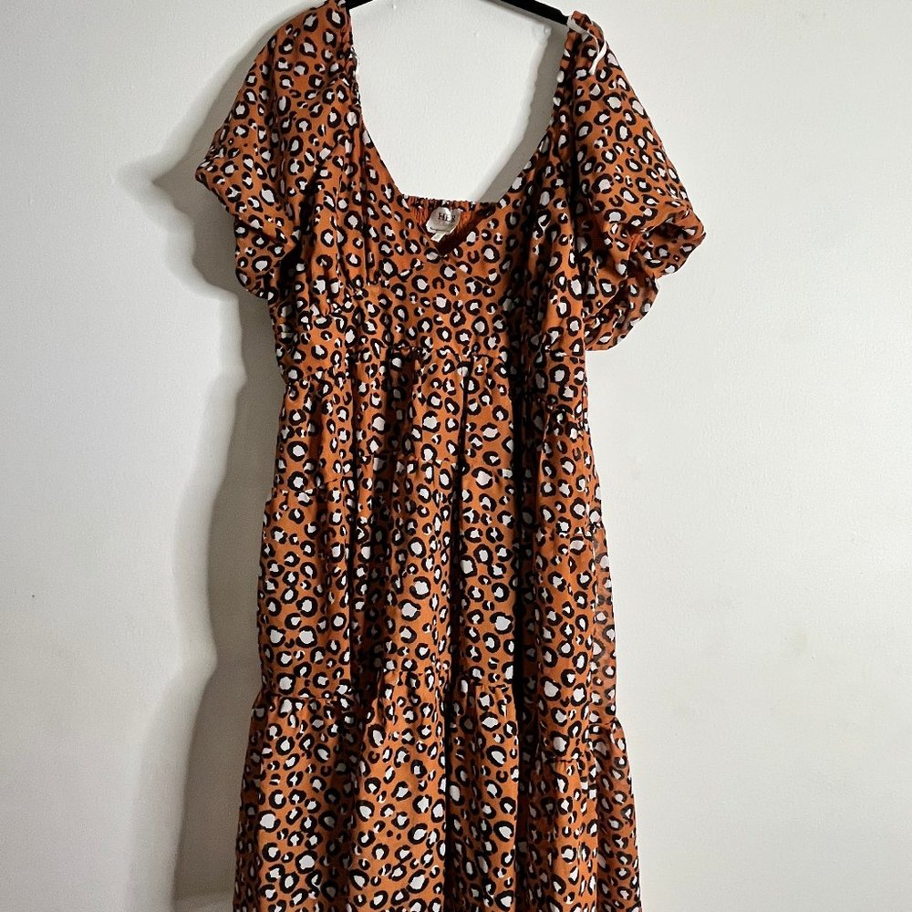 Puff Sleeve Off the Shoulder Orange Leopard Print Dress